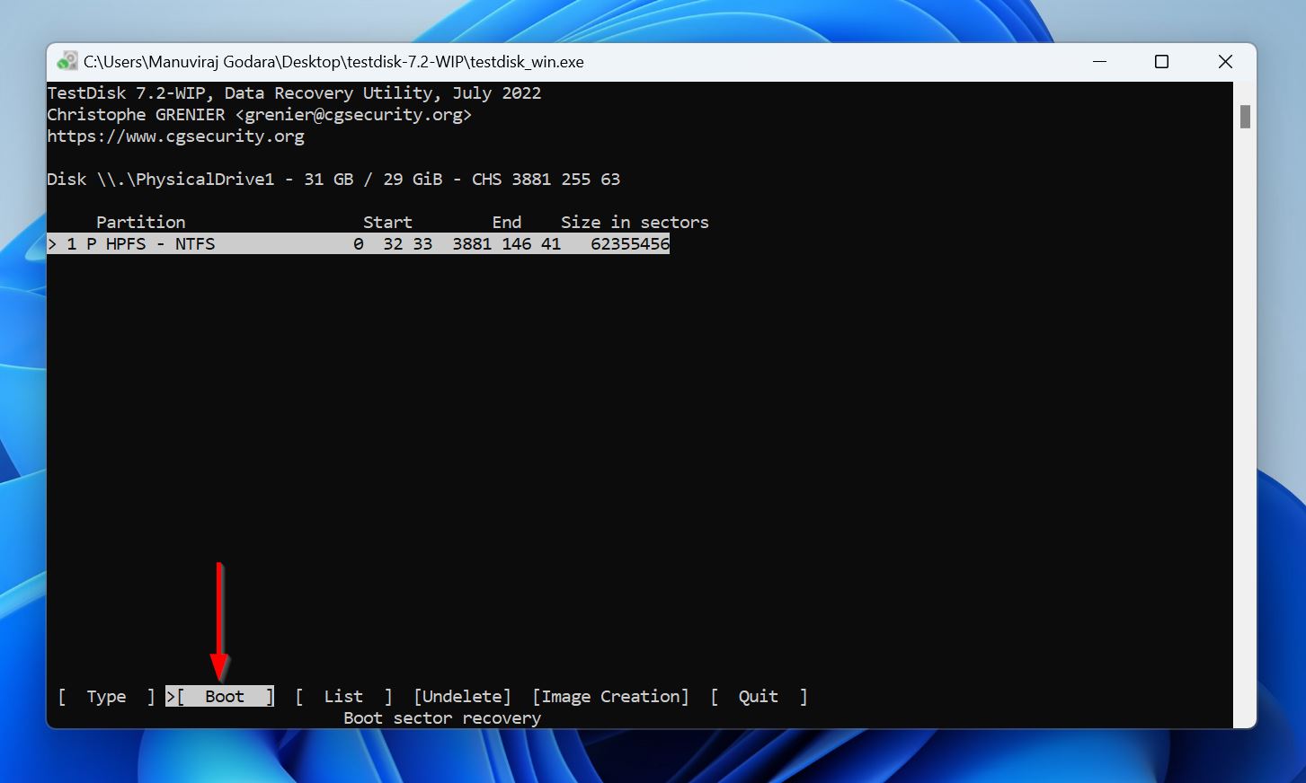 TestDisk window showing a found NTFS partition