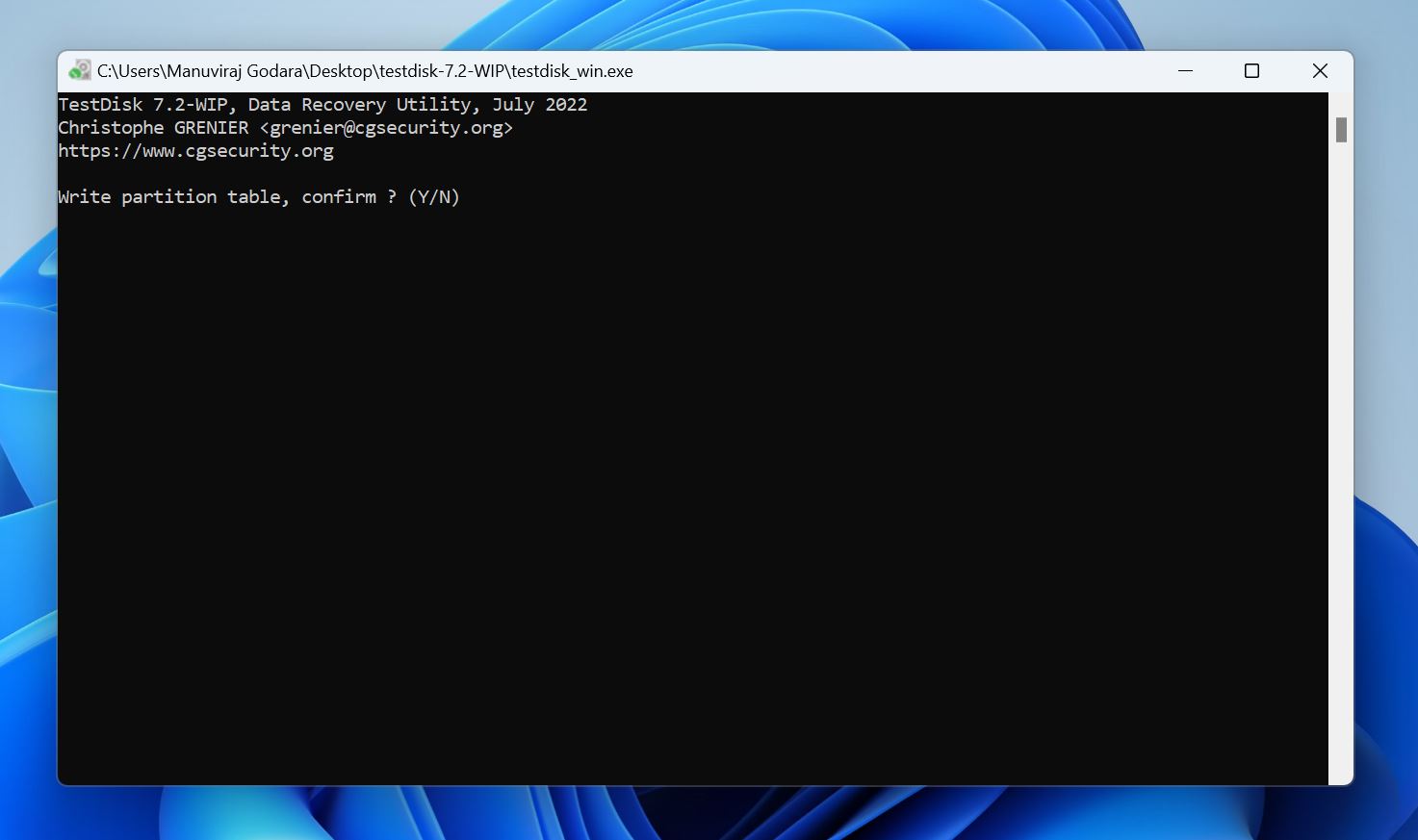 TestDisk interface asking the user to confirm writing new partition structure.