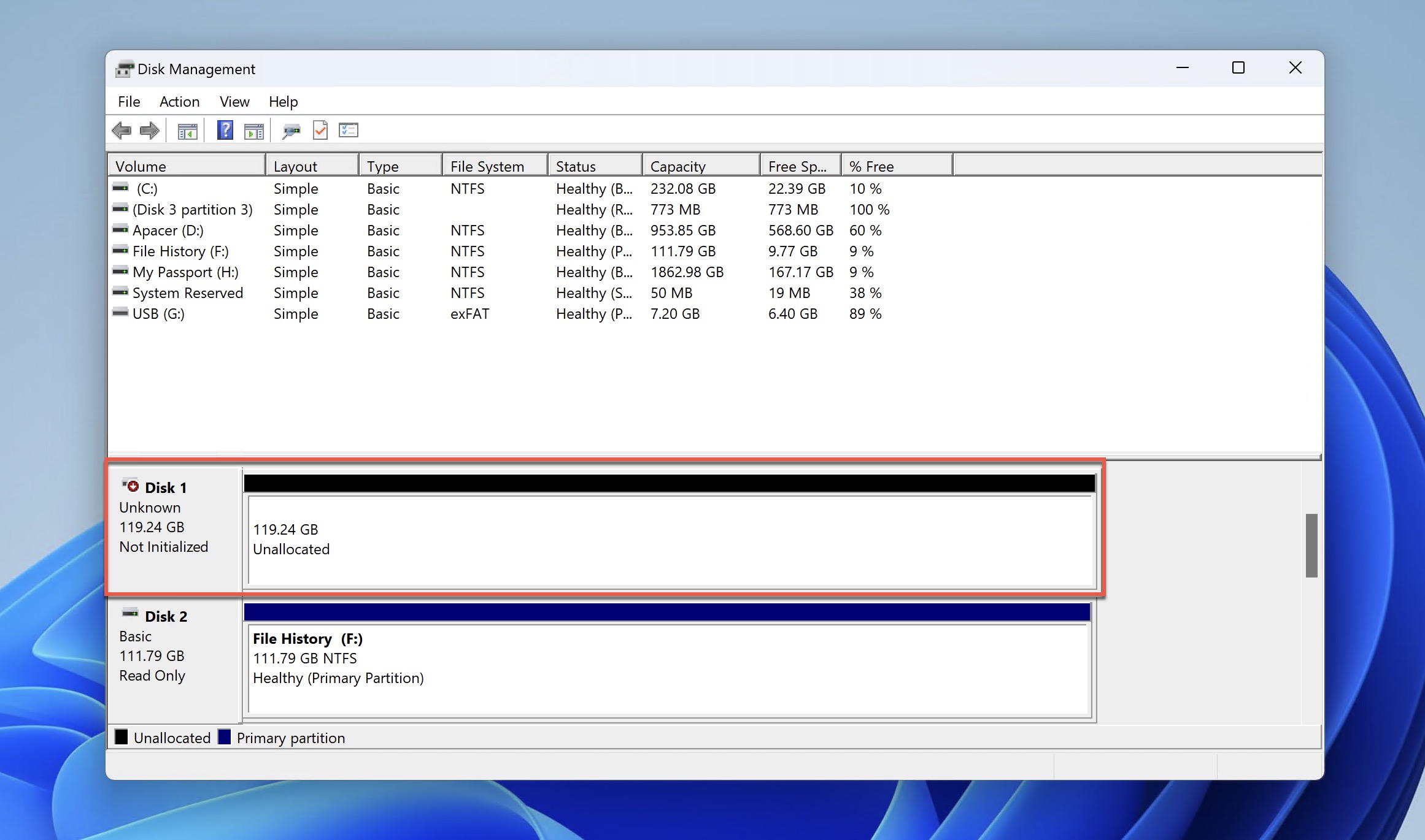 disk management not initialized highlighted