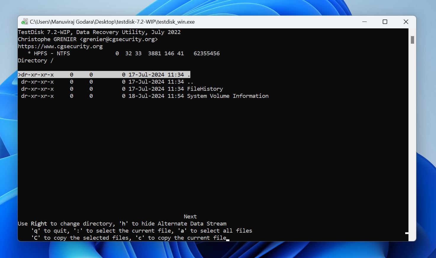 TestDisk interface showing a directory list under NTFS.