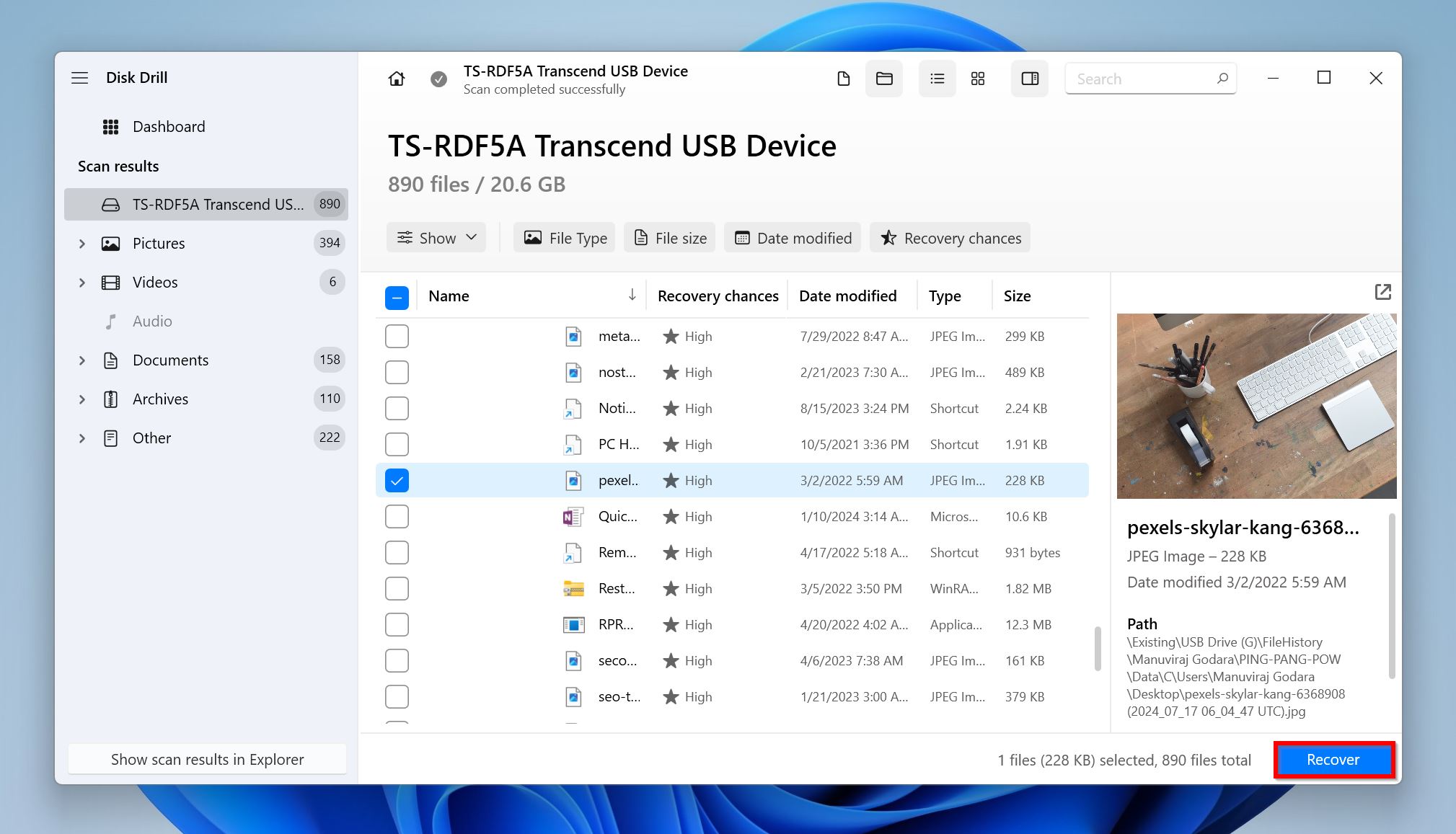 Disk Drill interface showing a list of recoverable files from a dead SSD drive.