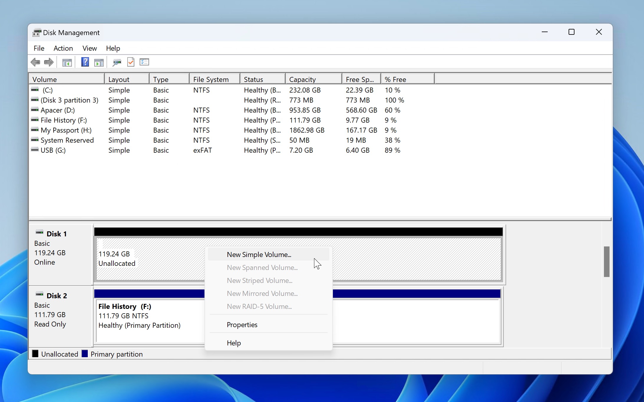 new simple volume disk management