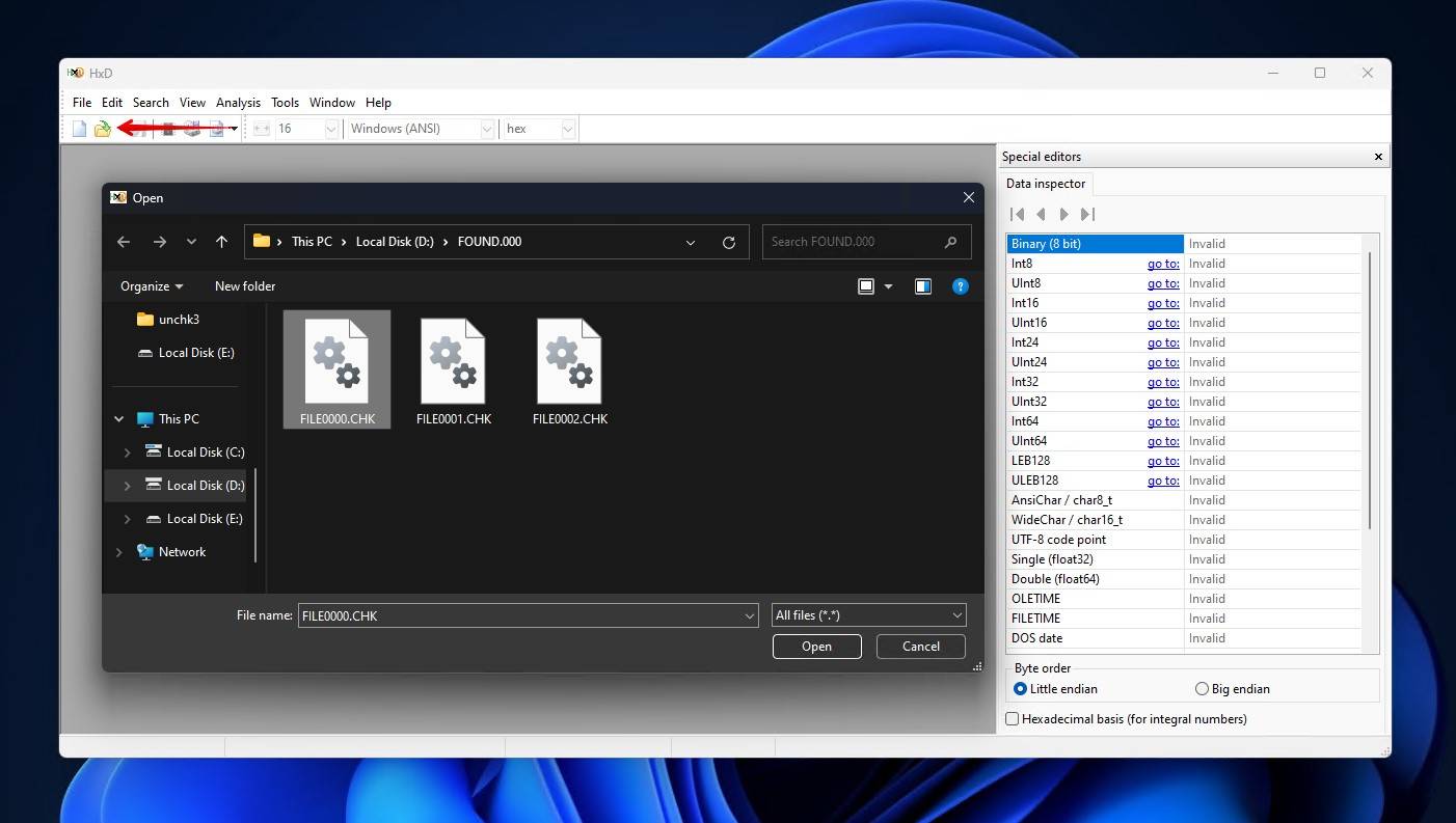Opening the CHK file in HxD.
