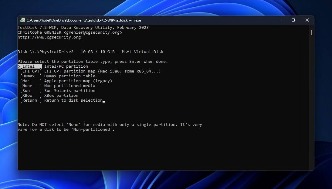 Specifying the partition table type.