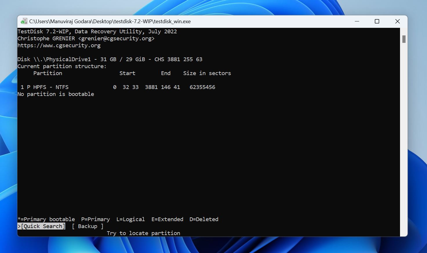 TestDisk interface displaying a current partition structure with an NTFS partition.