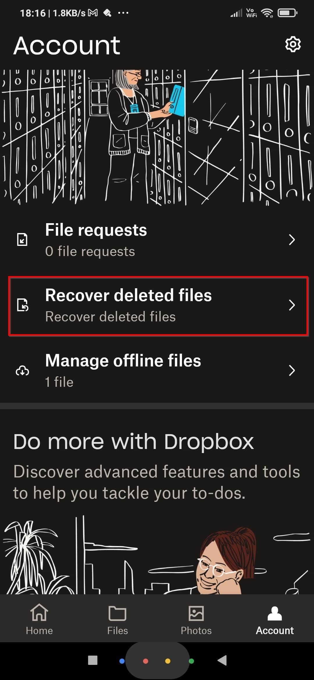 Dropbox Account Screen Recover Deleted Files Option