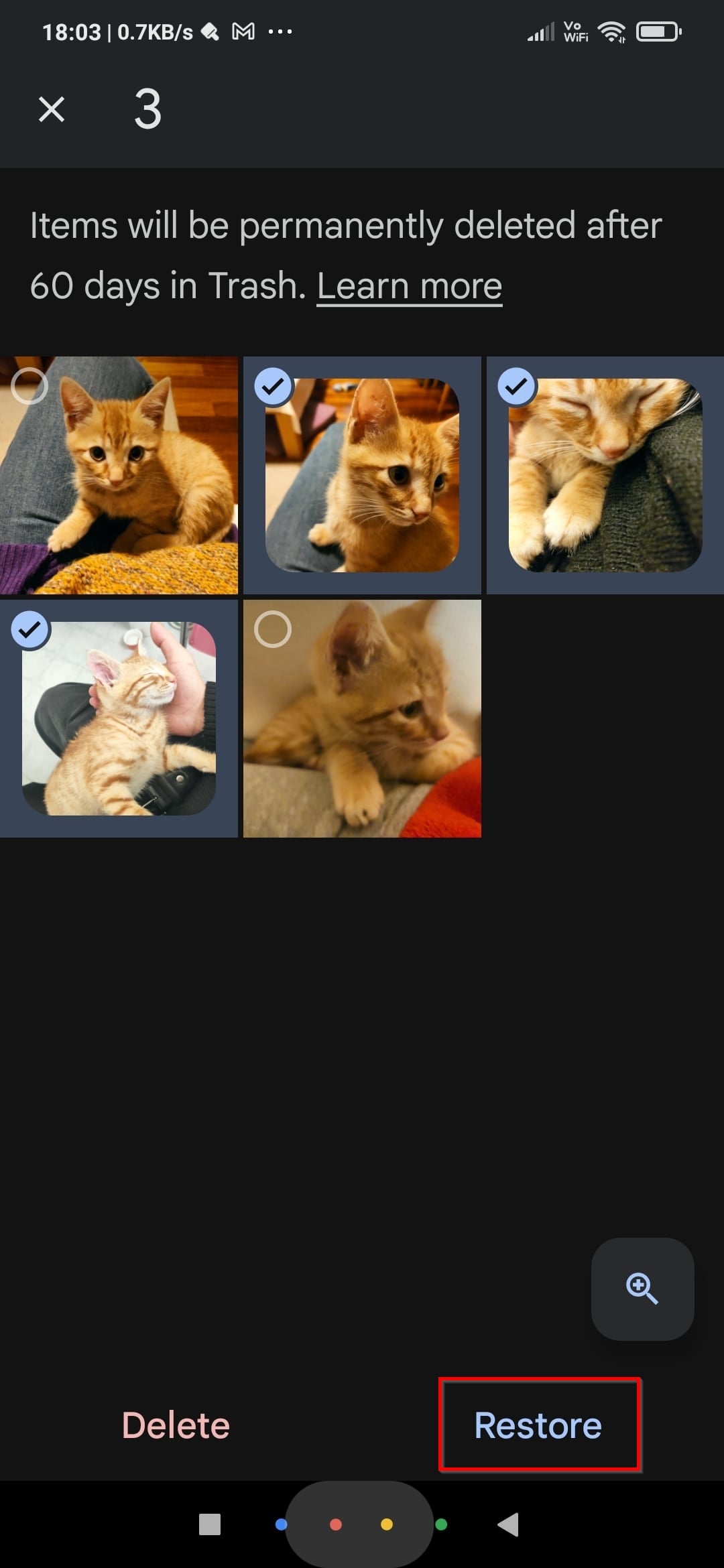 Google Photos Selecting FIles For Recovery Fom Trash