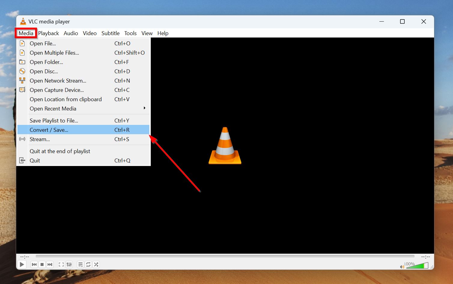 VLC Media menu with 'Convert/Save' option highlighted.