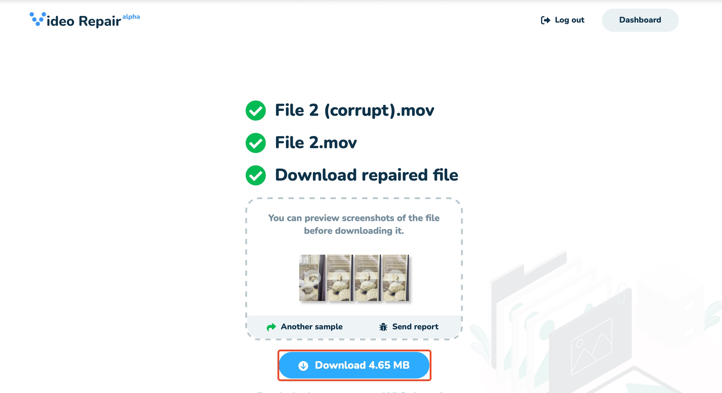 Download repaired MOV file screen.