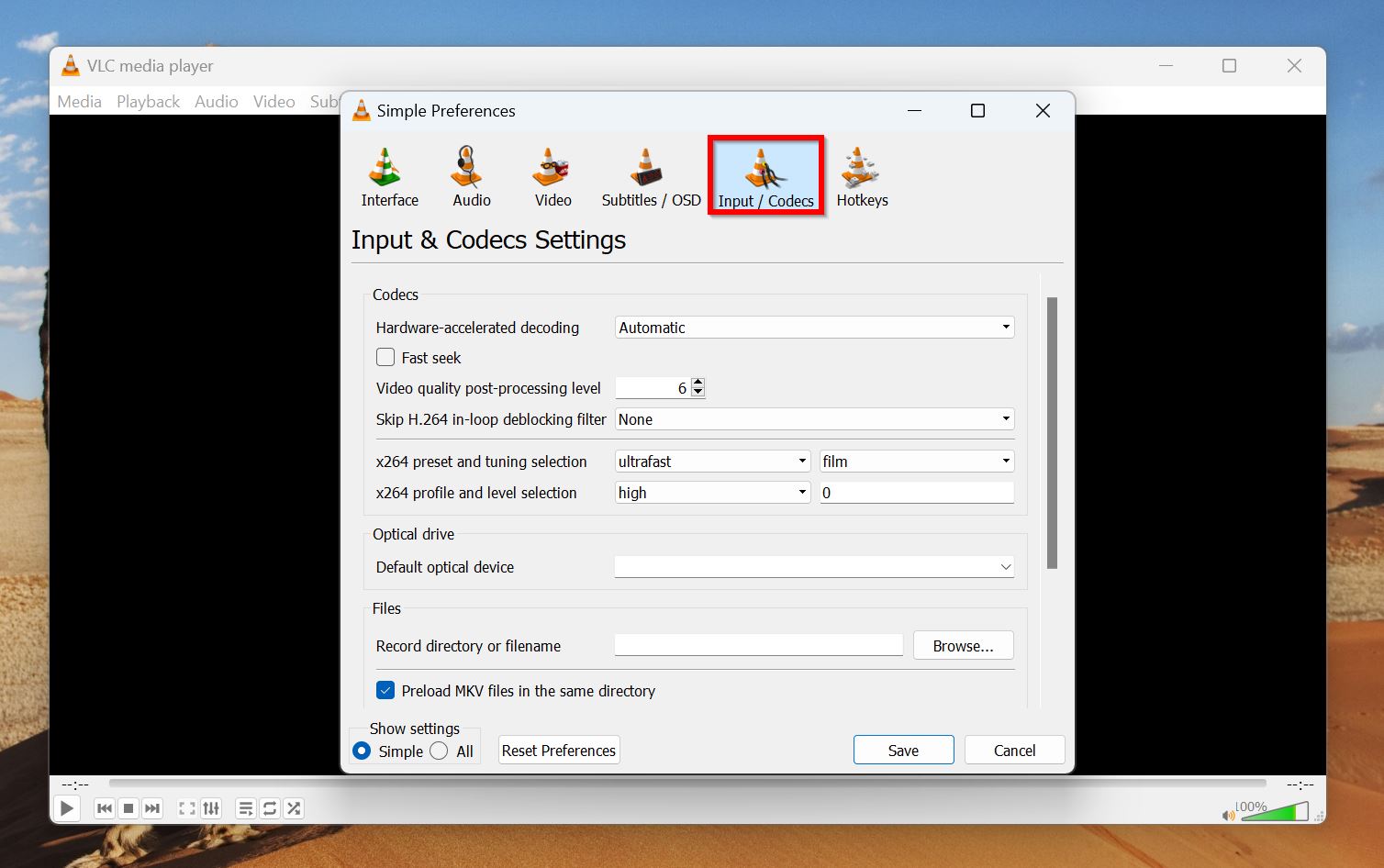 VLC Input & Codecs tab highlighted in the preferences menu.