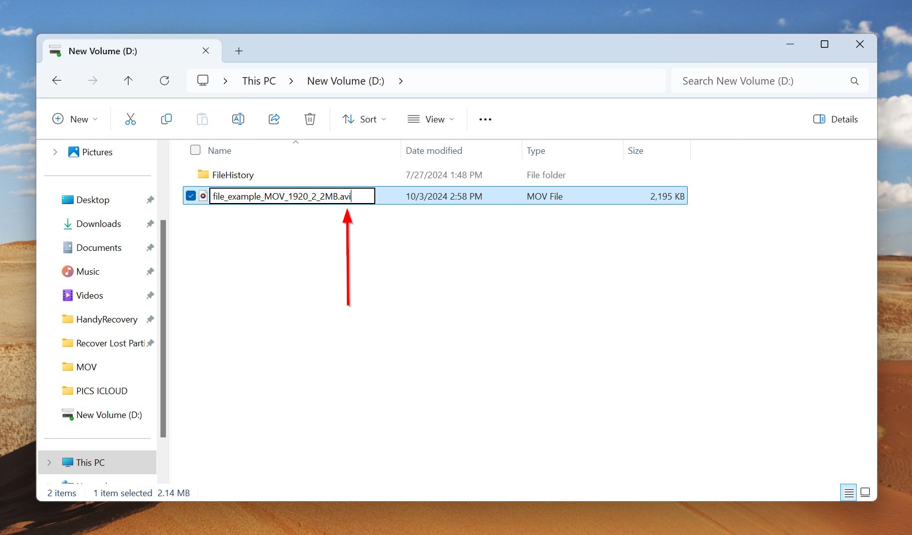 Windows file explorer showing a MOV file being renamed to AVI format.