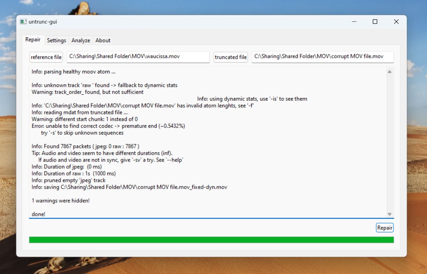 Untrunc-GUI window showing completed MOV file repair process.