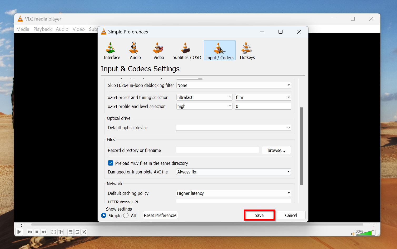 VLC Input & Codecs settings window with the 'Save' button highlighted.