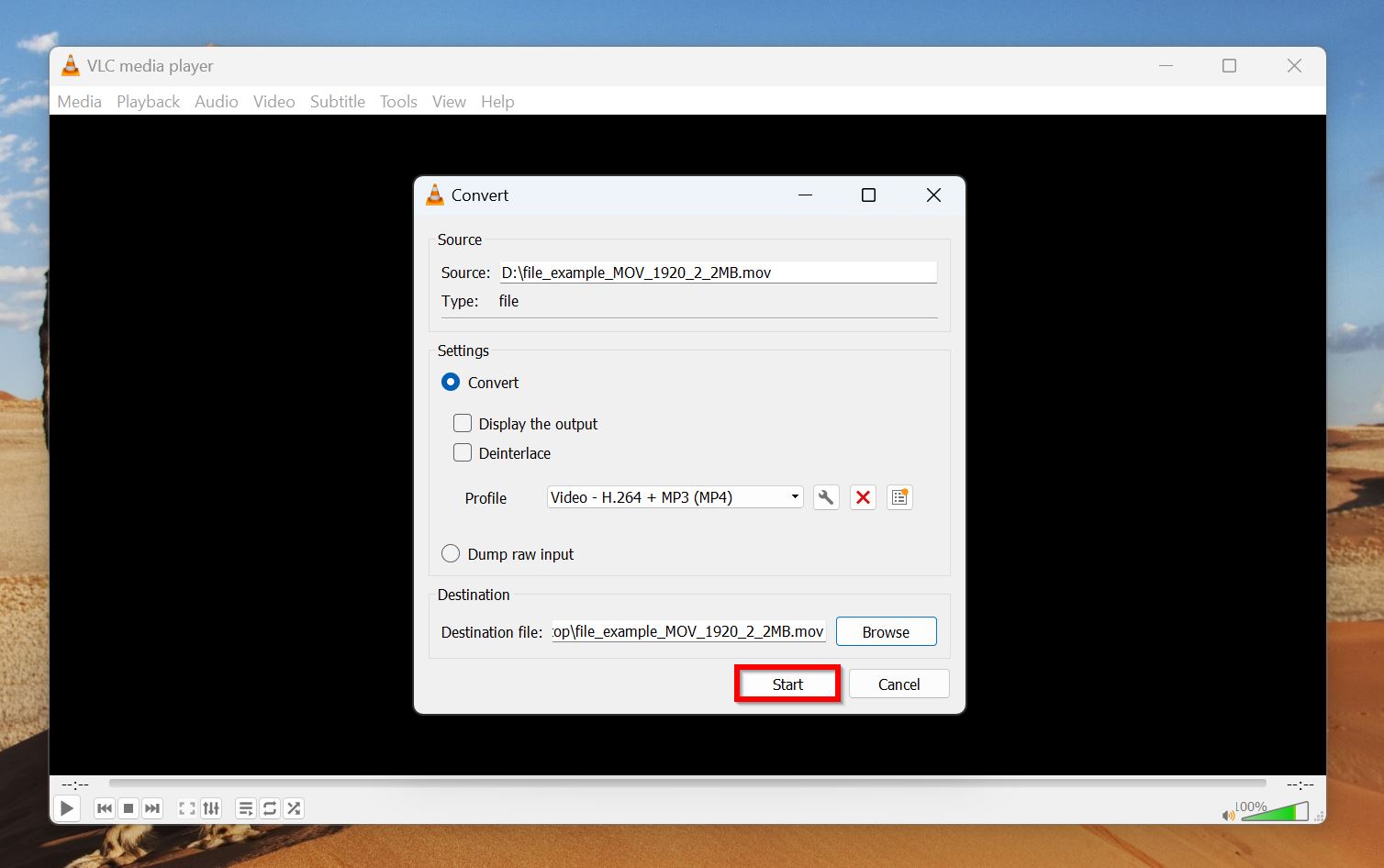 VLC conversion window with 'Start' button highlighted.