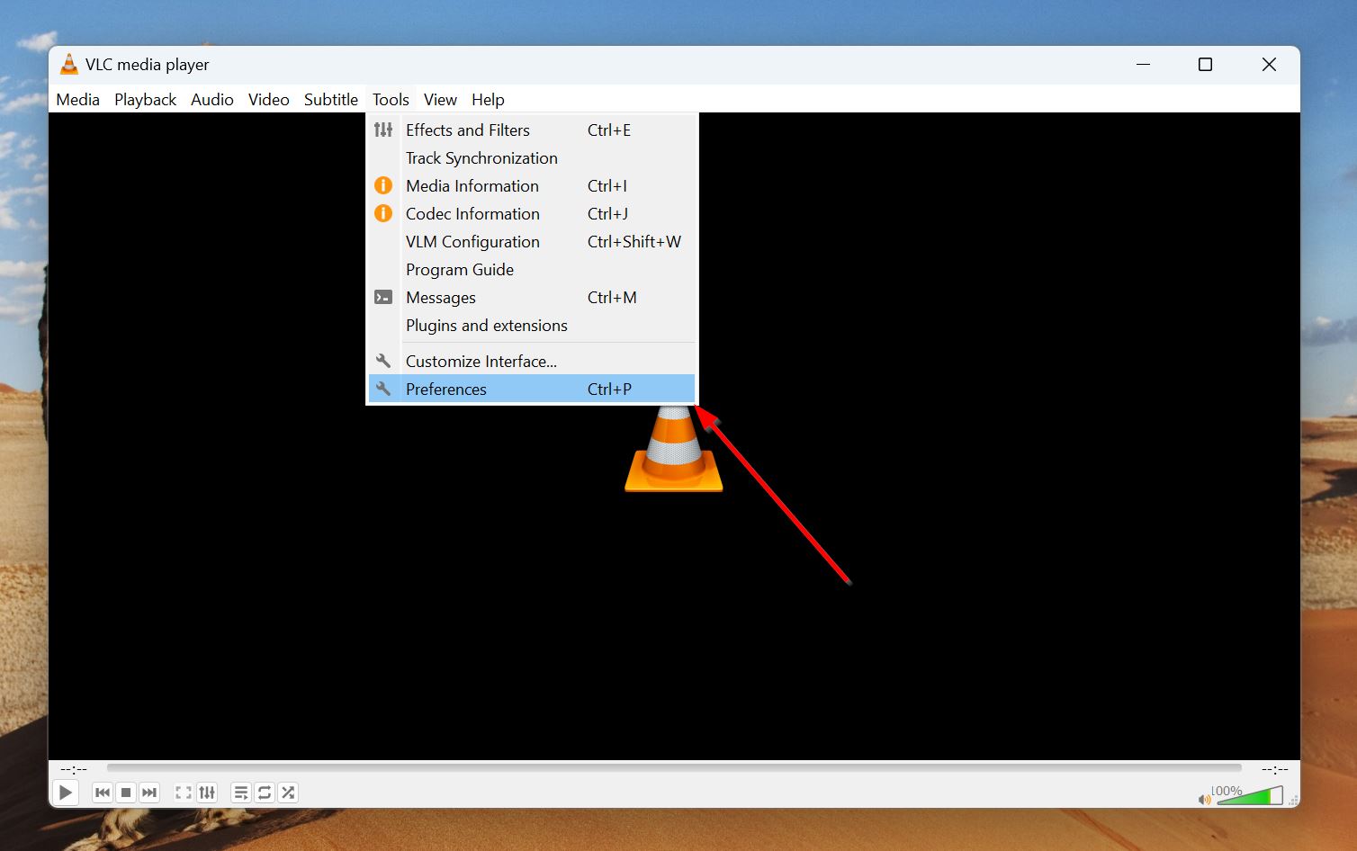 VLC Media Player Tools menu with 'Preferences' option highlighted.