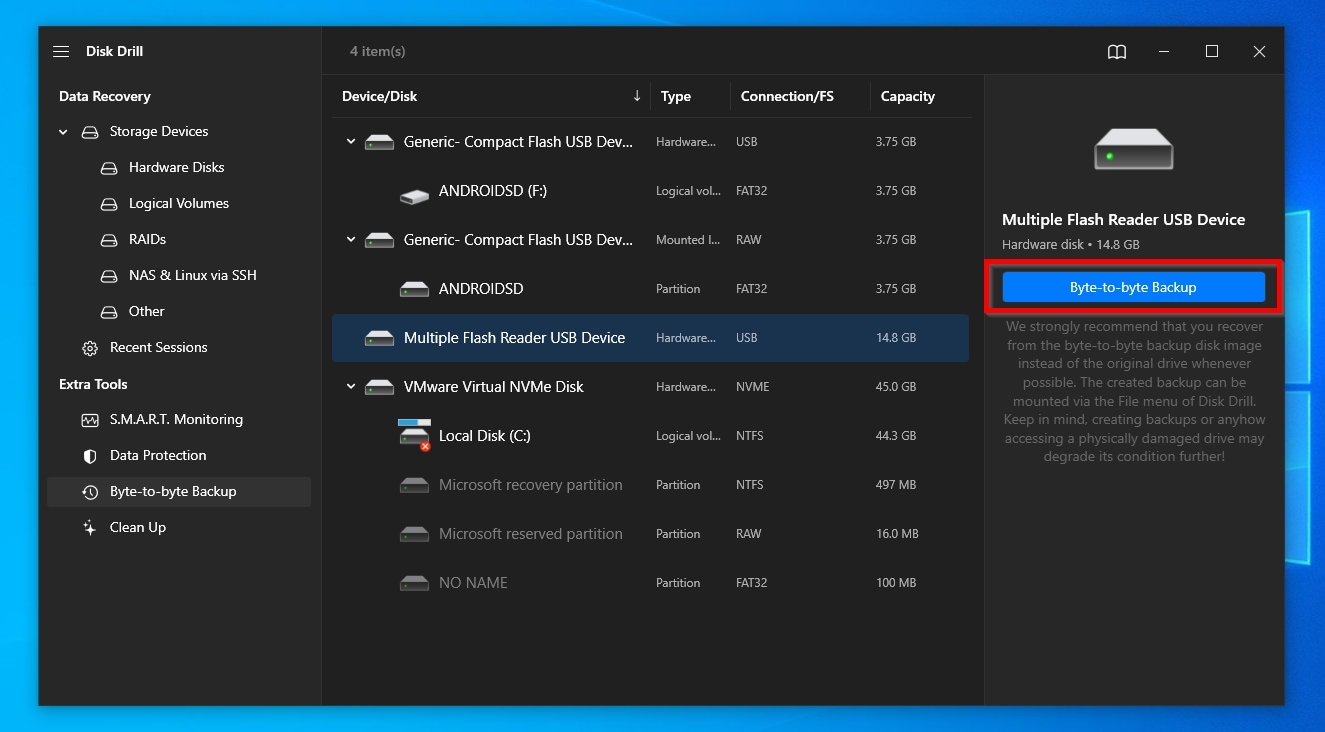 Disk Drill Byte To Byte Backup Selected Device