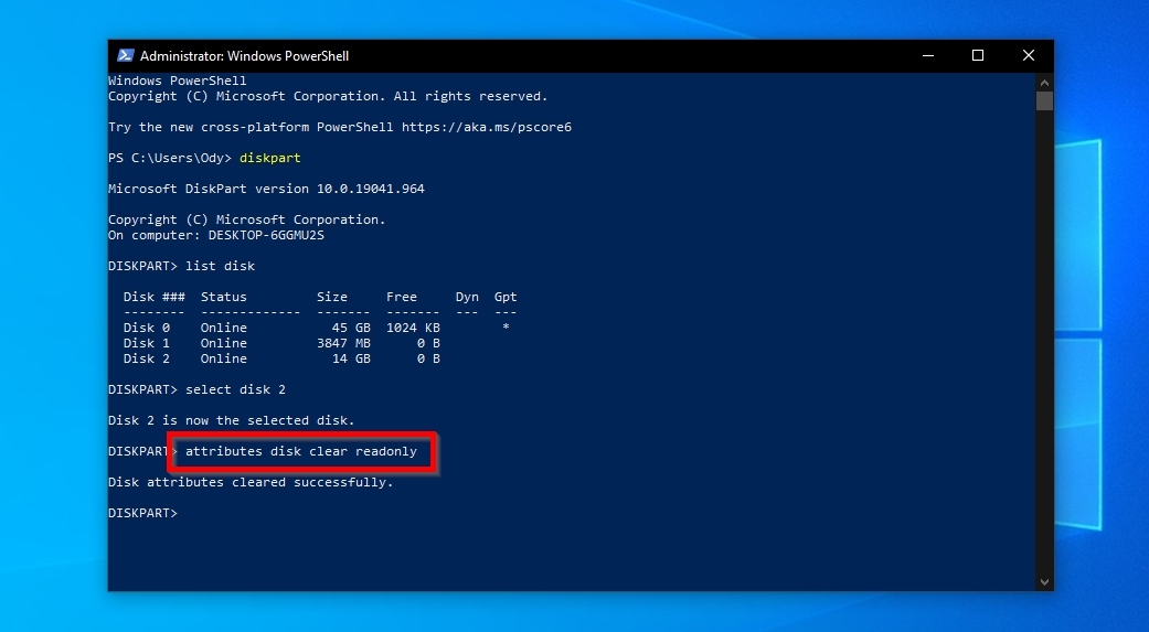 DiskPart Attributes Disk Clear ReadOnly