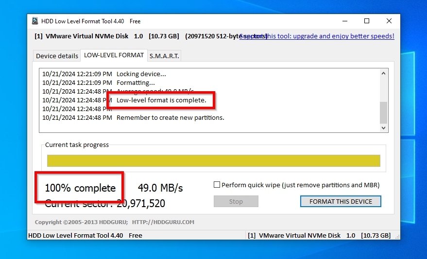 HDDGuru Low Level Format Tool Low Level Format Is Complete