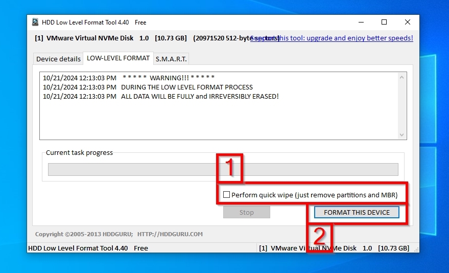 HDDGuru Low Level Format Tool Unchecked Quick Wipe Highlighted Format This Device Button