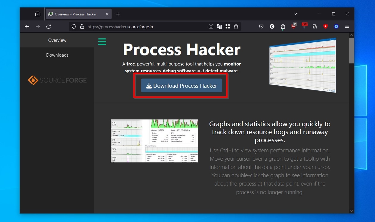 Process Hacker Downloading From Official Page