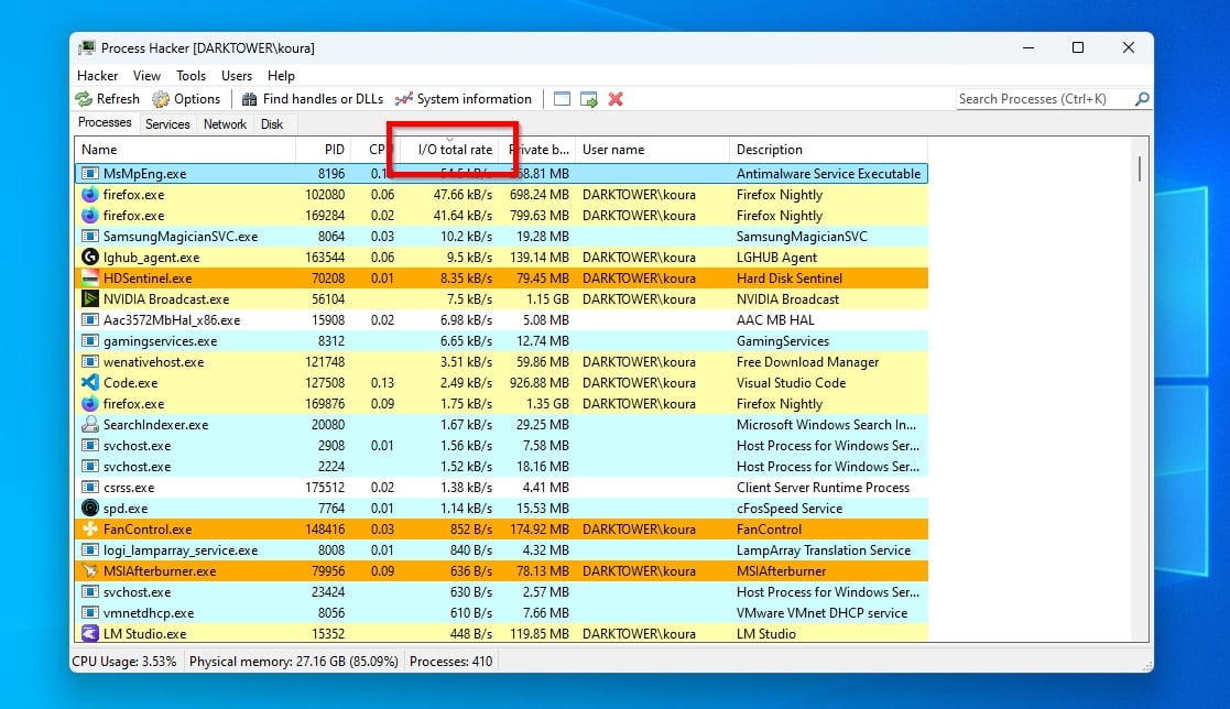 Process Hacker Sorting By IO Total Rate