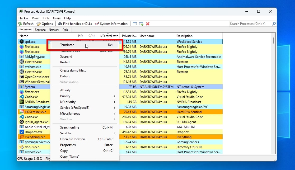 Process Hacker Terminating Process