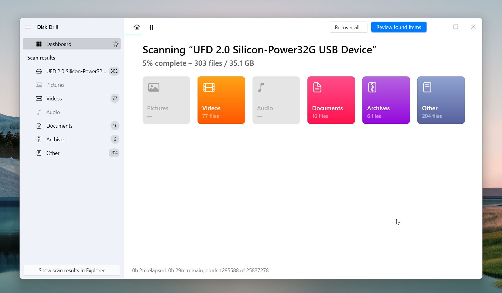 Disk Drill will now start its scanning