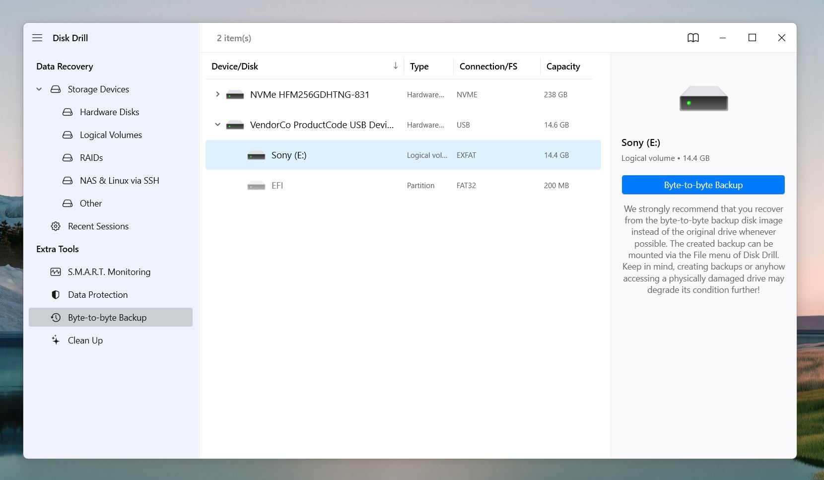 From the list of connected drives, choose your SD Card