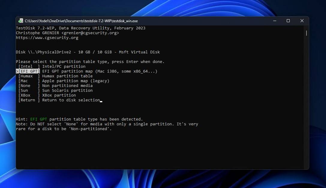 Selecting the partition table type