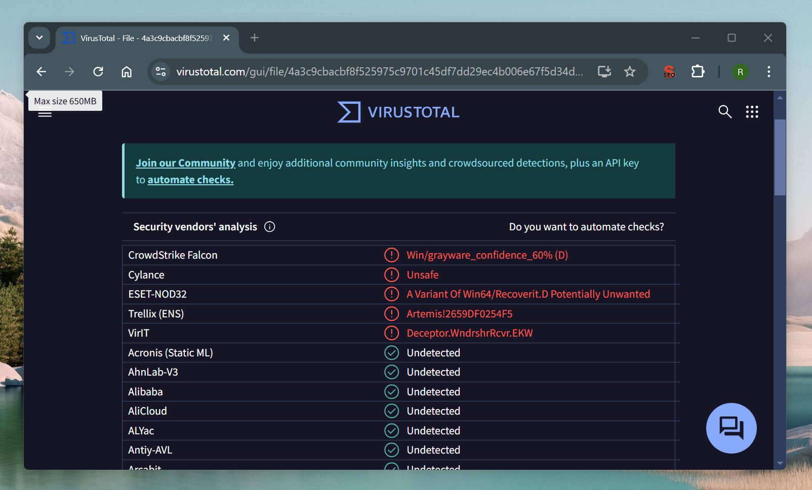 Many antivirus engines marked it as safe