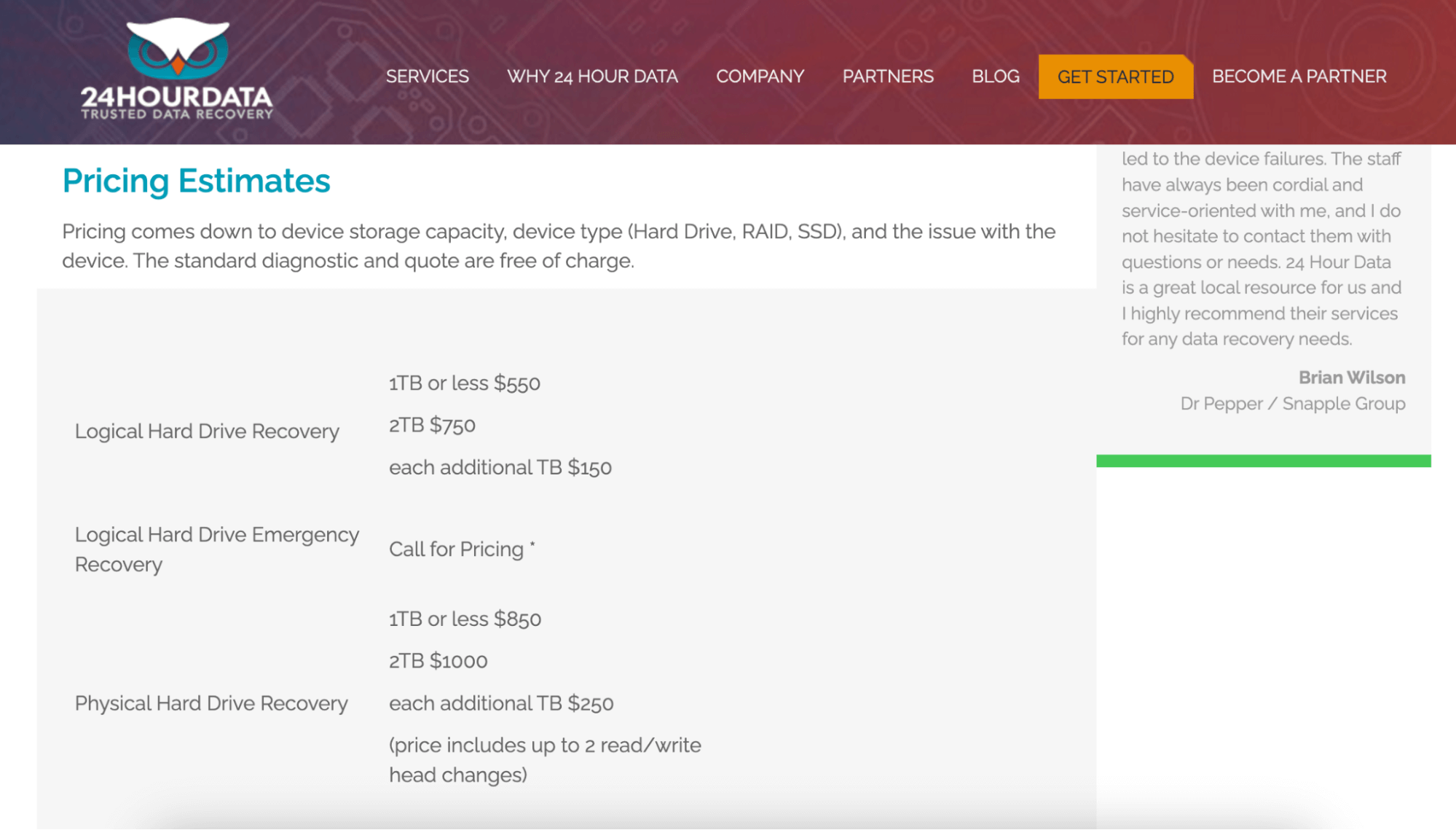 Screenshot of the price estimates page of 24 Hour Data Recovery