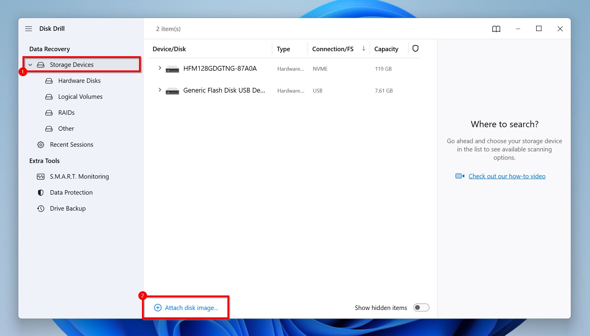 Storage devices screen in Disk Drill with the Attach disk image option highlighted