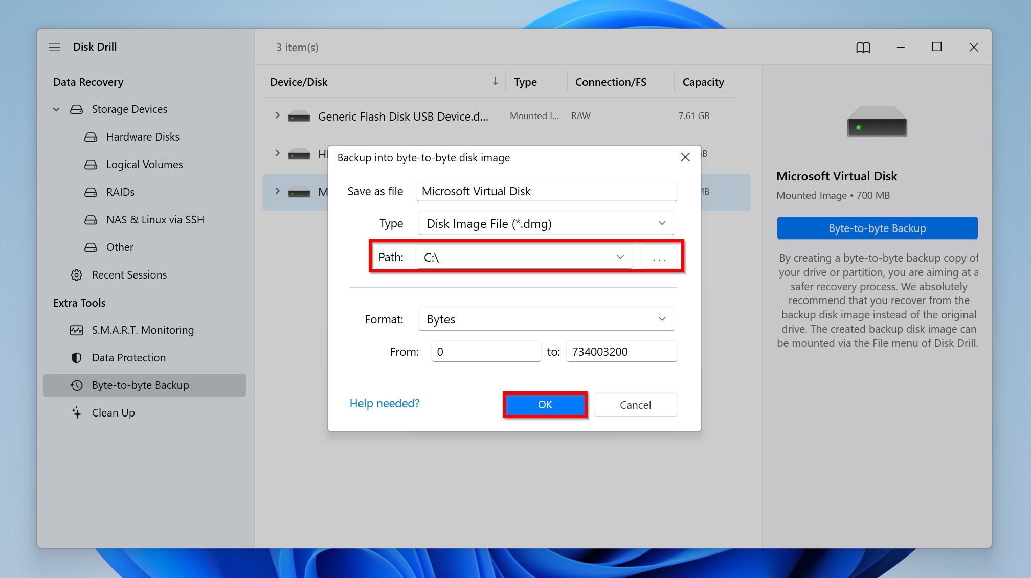 Byte-to-byte Backup parameters window in Disk Drill