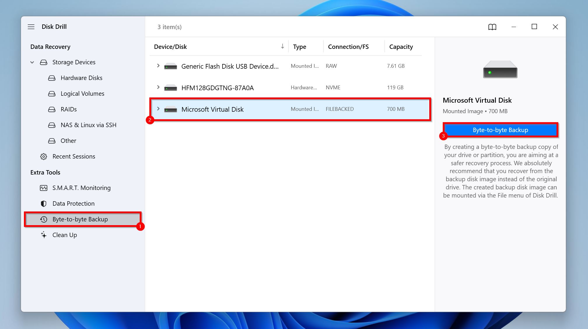 Disk Drill's Byte-to-byte Backup Screen