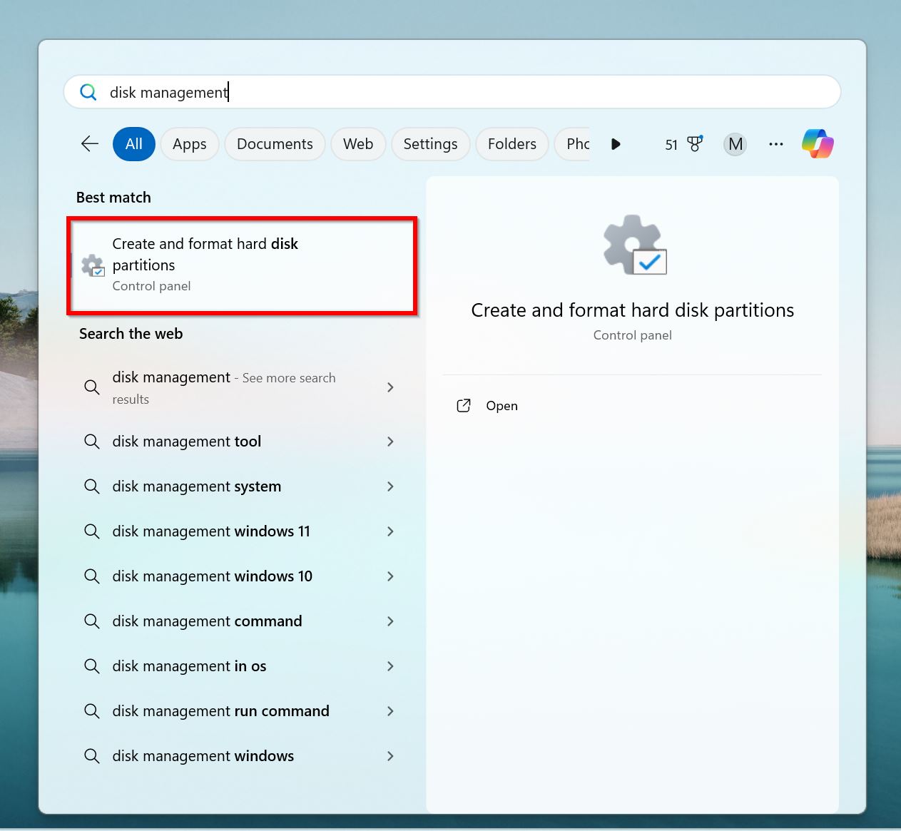 Disk Management in Windows' search results