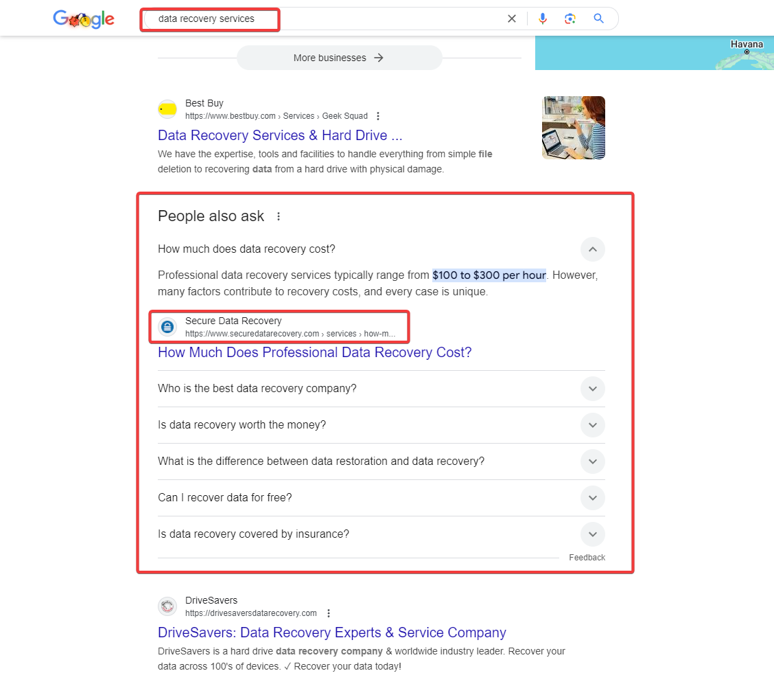 People Also Ask results for keywords related to data recovery services