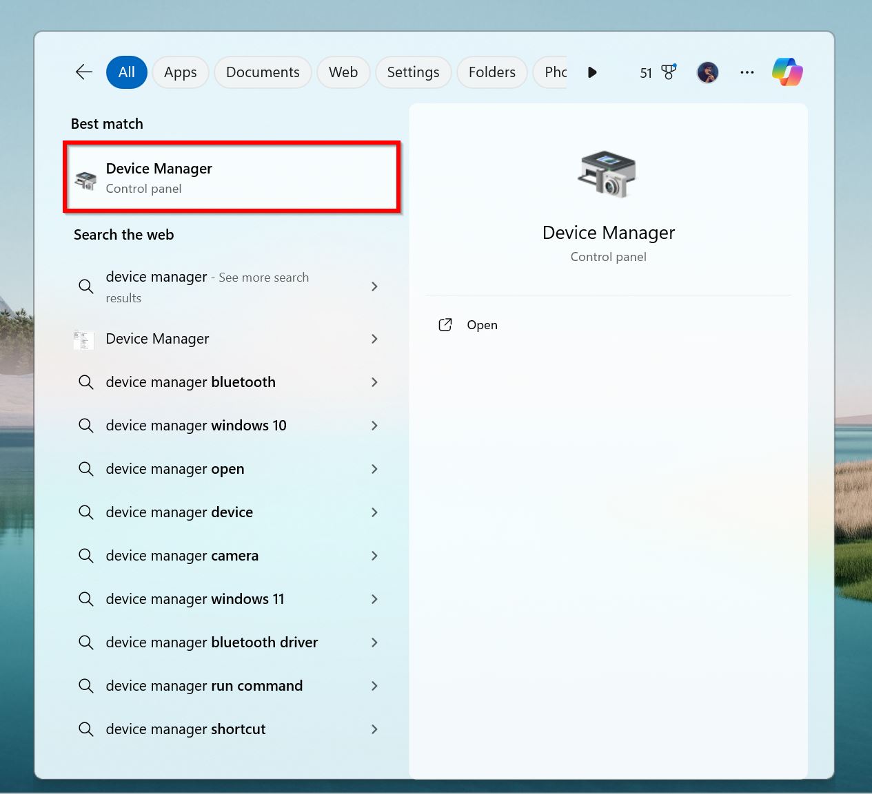 Device Manager in Windows' search results