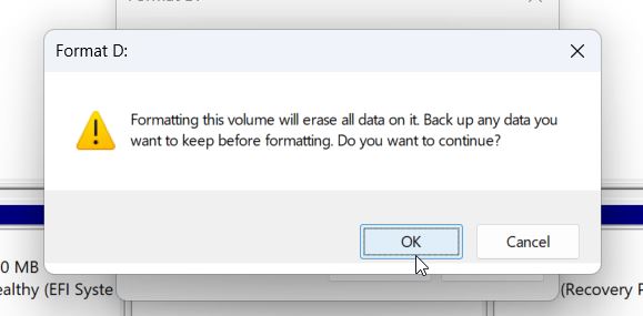 Confirm formatting in Disk Management