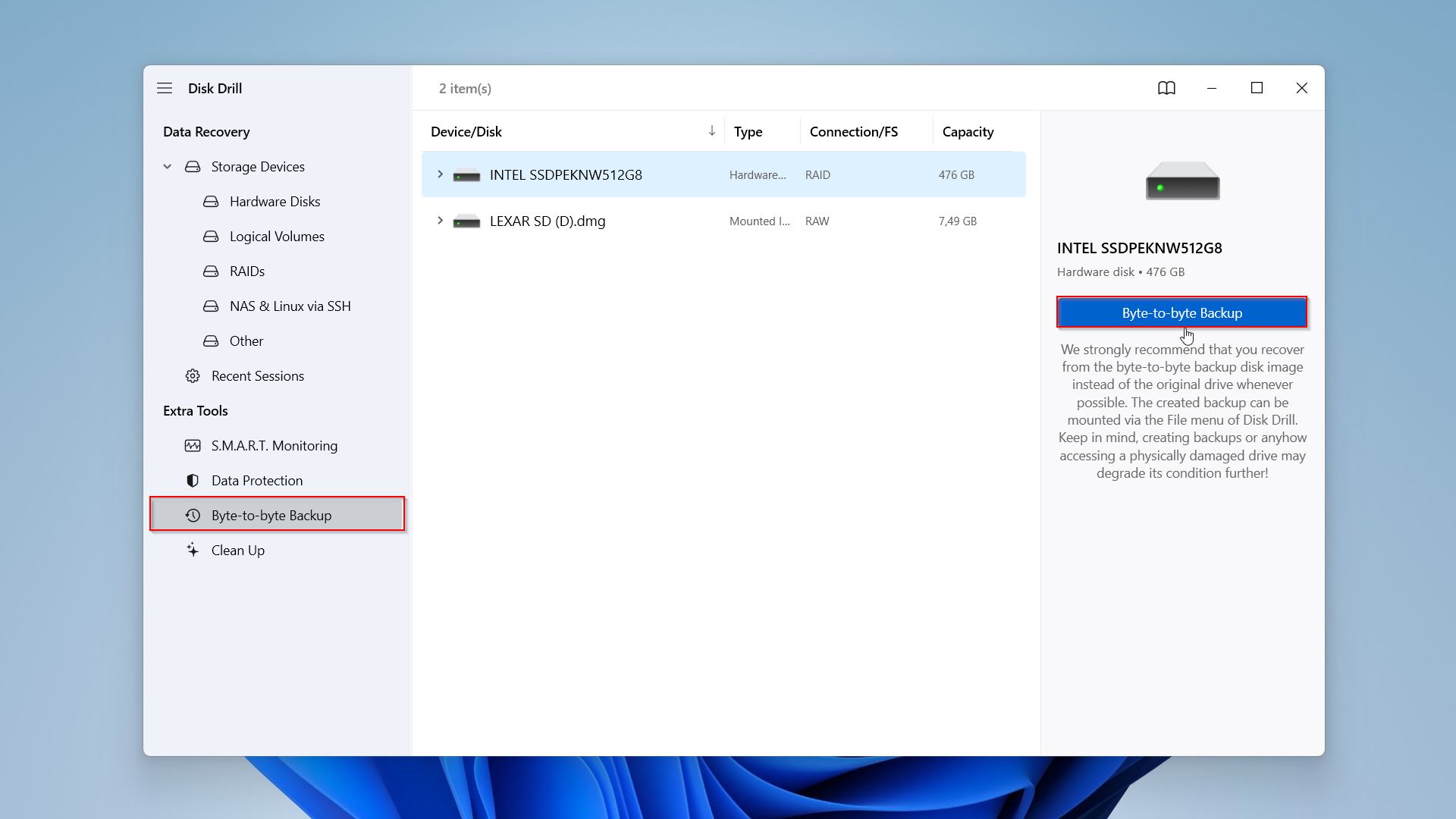 Select byte-to-byte backup option