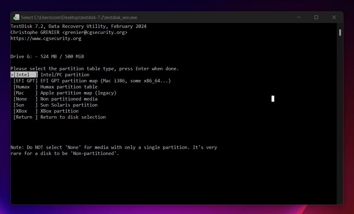 Select the partition table type