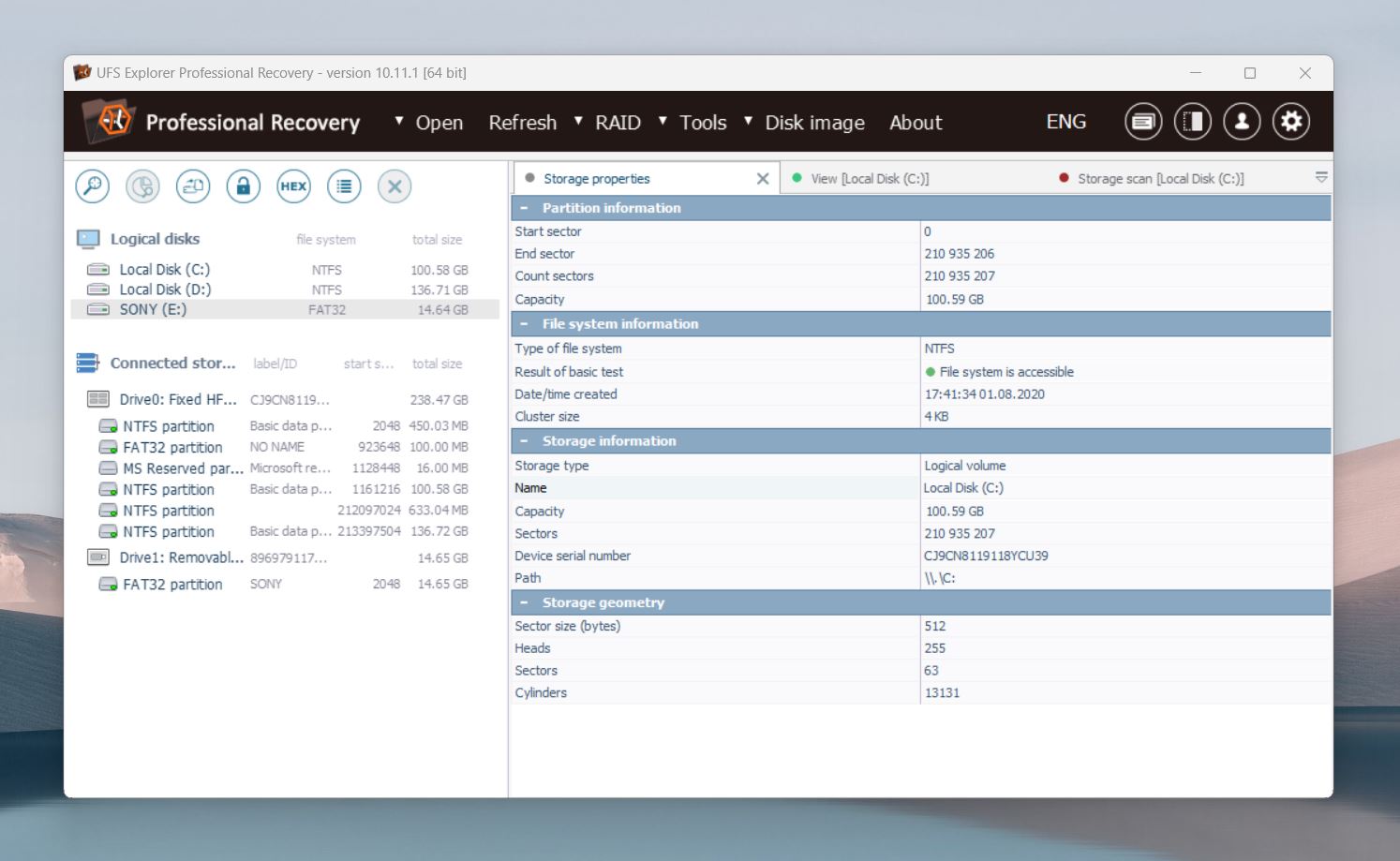 The tool detected all connected storage devices