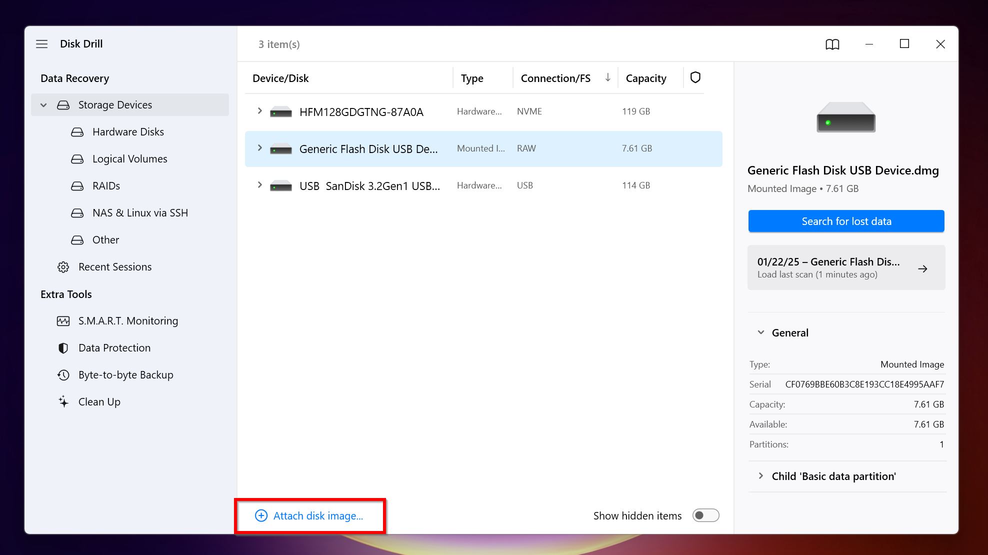 Attach disk image option in Disk Drill