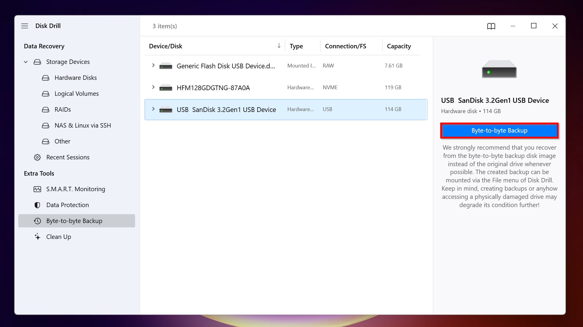 Byte-to-byte backup button in Disk Drill