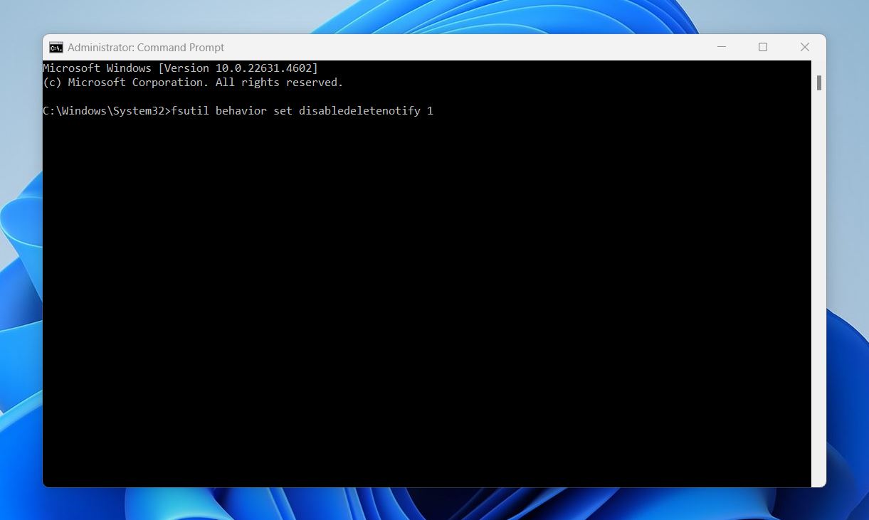 Enter the fsutil behavior set disabledeletenotify 1 command