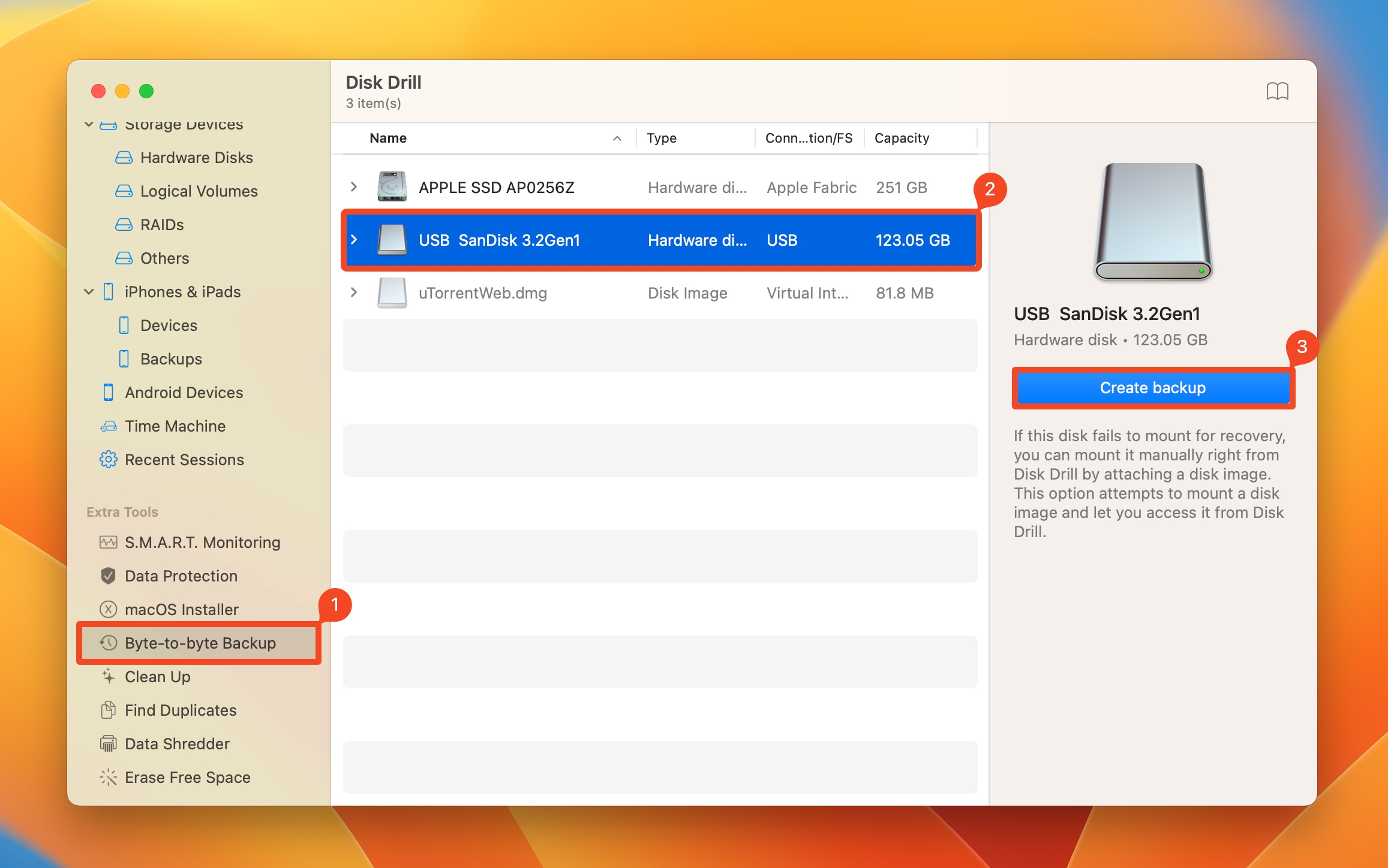 Byte-to-byte Backup screen in Disk Drill.