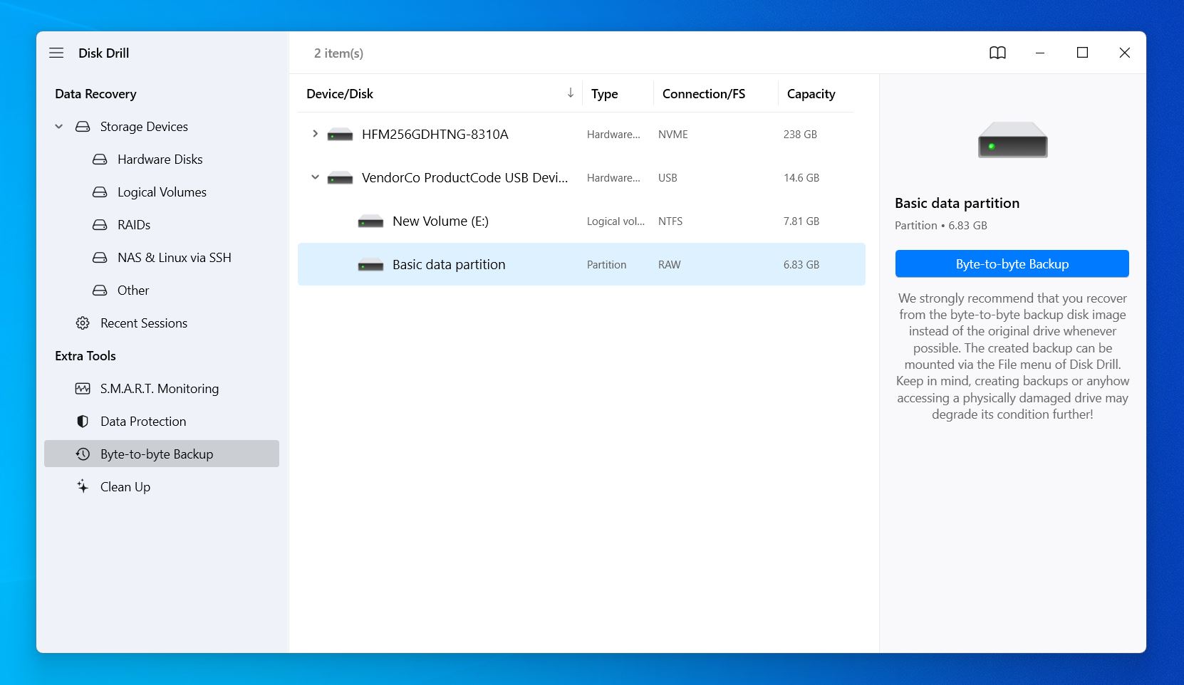 Selecting Byte-to-Byte Backup in Disk Drill.