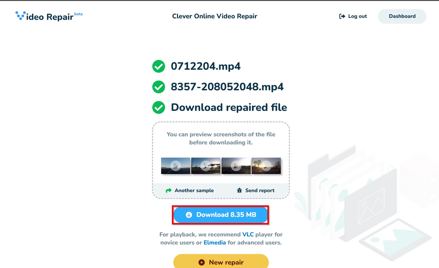 Download option in Clever Online Video Repair