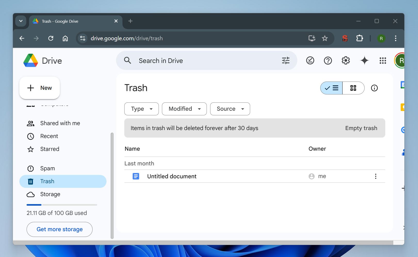 A screenshot of Google Drive’s Trash folder on Windows 11