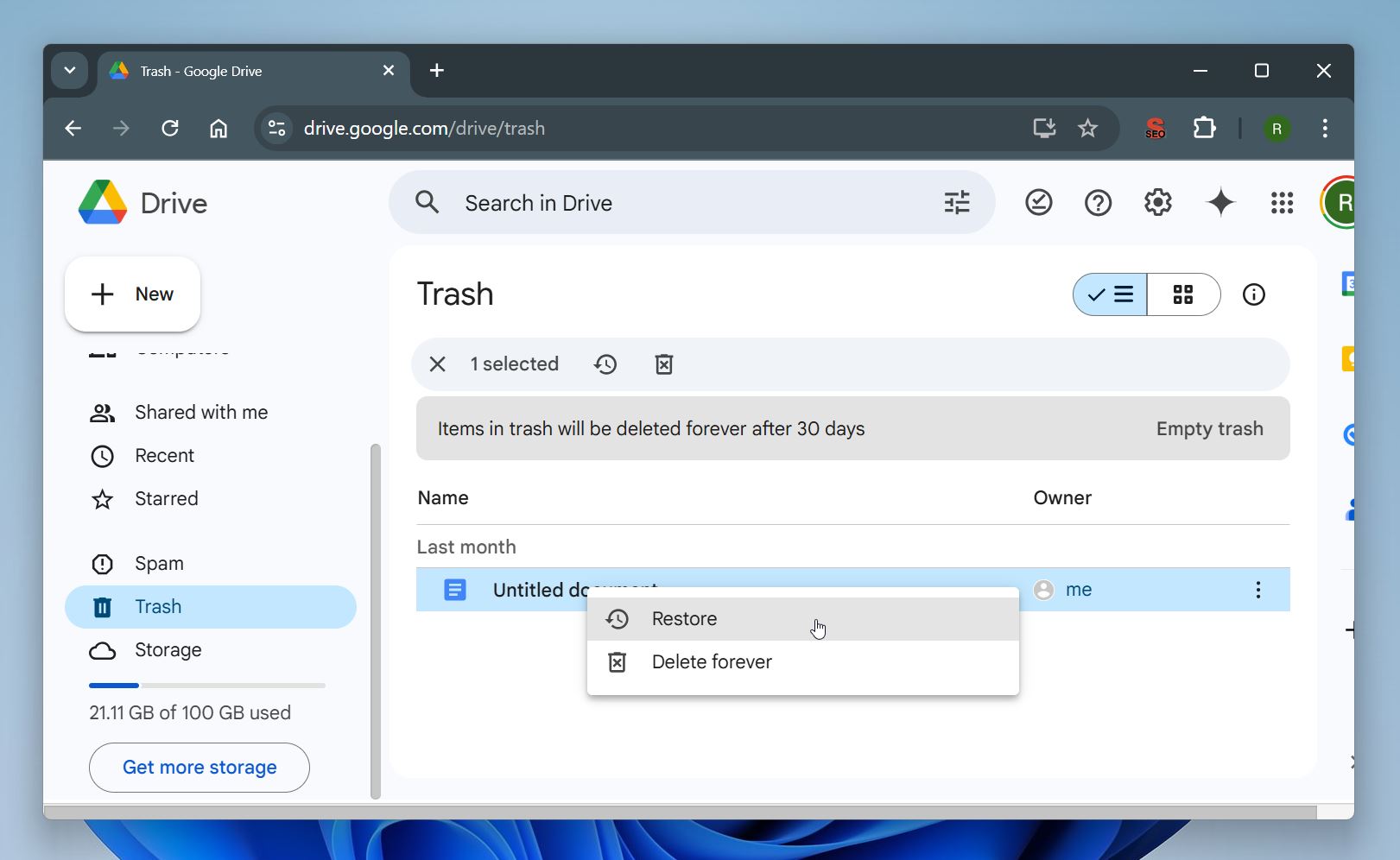 A screenshot of Google Drive’s Trash folder highlighting the options ‘Restore’ or ‘Delete forever’ for a deleted file