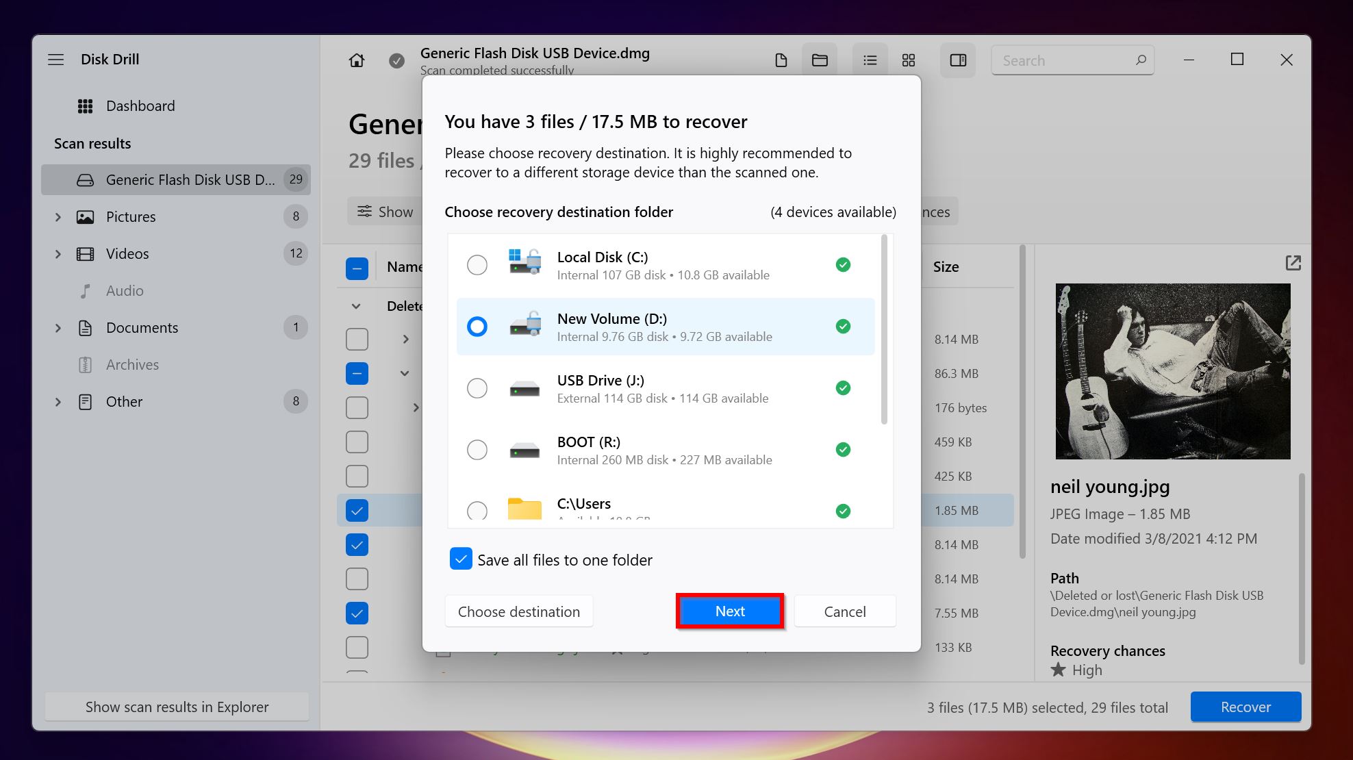 Recovery destination prompt in Disk Drill